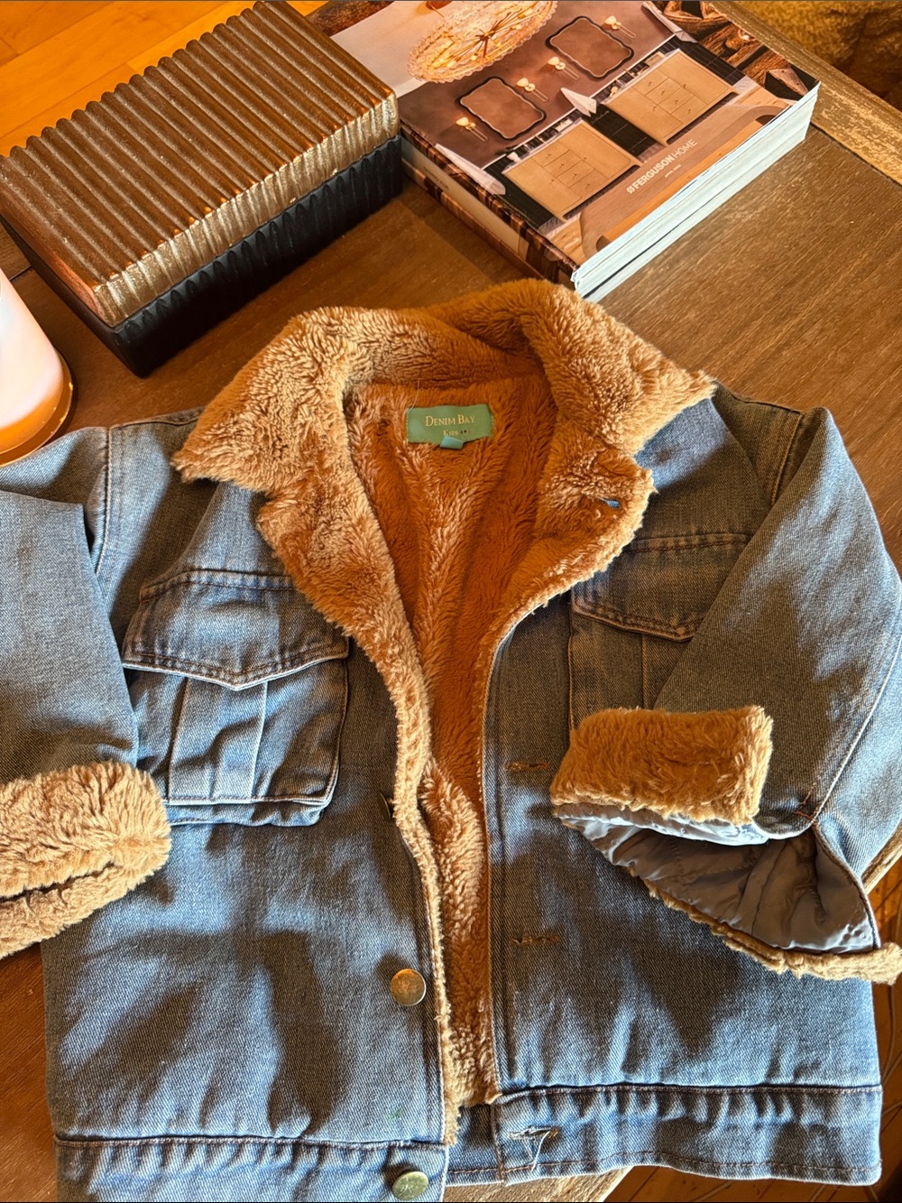 Denim Baby Sherpa-Lined Blue Jean Jacket with Tan Faux Fur